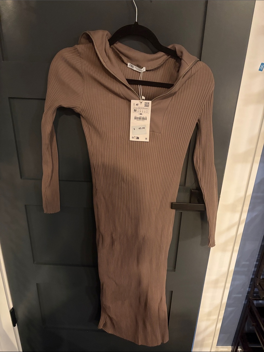 Zara ribbed hooded midi dress in taupe